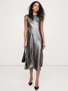 NWT! BANANA REPUBLIC SILVER METALLIC BIAS-CUT SATIN MIDI DRESS - XL 🔗